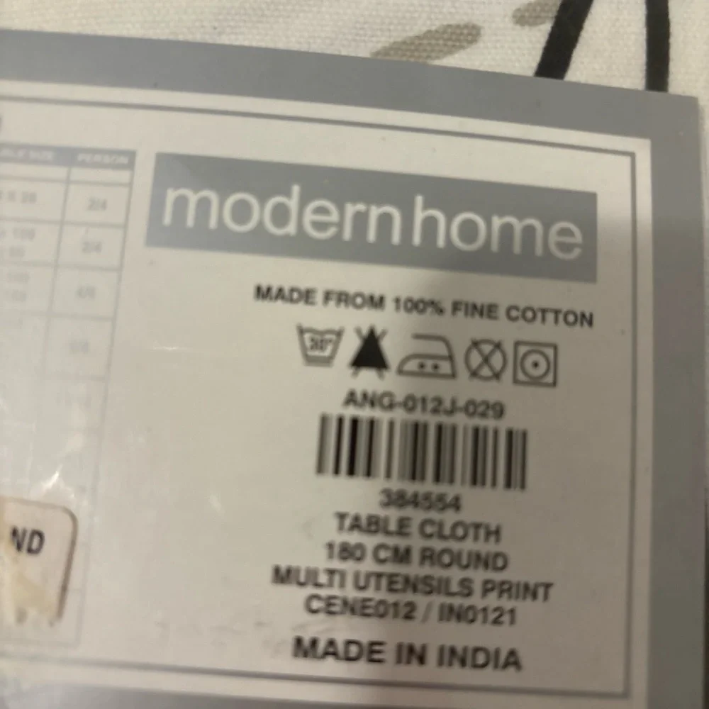 ModernHome 180cm Round Tablecloth Cotton Utensils Print White Gray Burgundy NWT